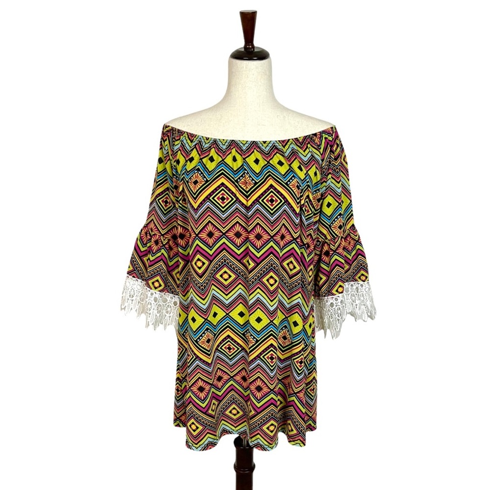 WinWin On/Off Shoulder Half Sleeve Lace Aztec/Geometric Boho Tunic Top